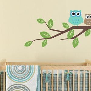 Mom And Baby Cute Big Eyes Owls On Tree Branch Owl..