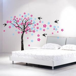 Romantic Flying Two Set Flowers Tree With Birds..