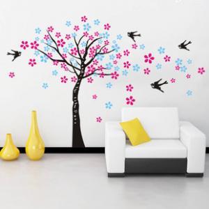Romantic Flying Two Set Flowers Tree With Birds..