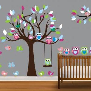 Vinyl Wall Decal Colorful Nursery Cute Owl Family..