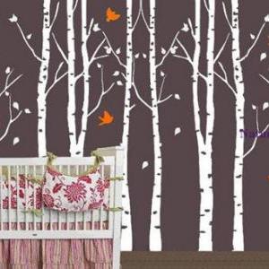 Vinyl Wall Decal Eight Big Birch Tree With Flying..