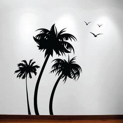 Vinyl Wall Decal Palm Coconut Tree With Seagull..