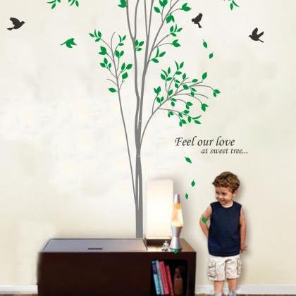 Vinyl Wall Decal Spring Tree With Leaves Flying..