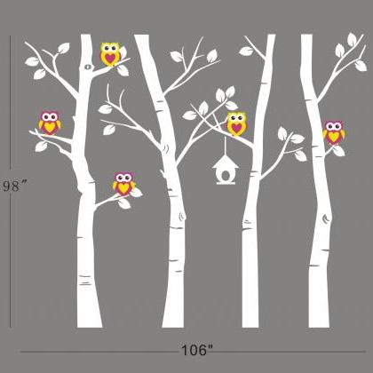 Vinyl Wall Decal Cute Owl Family Birch Tree Decals..