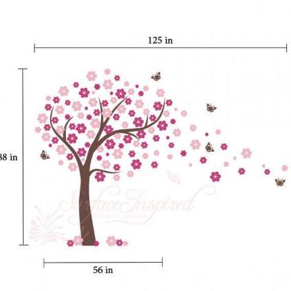 Cherry Blossom Wall Decal Butterfly Blowing Flower..