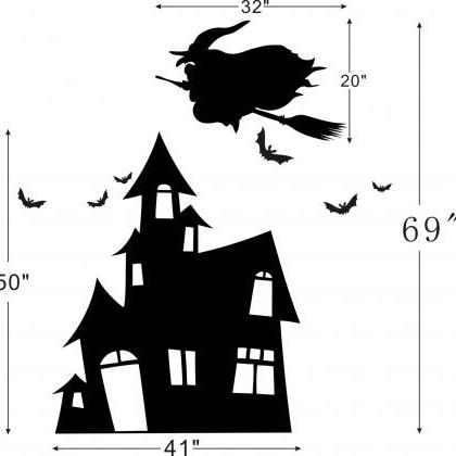 Vinyl Wall Decal Witch With Broom Flying On Castle..