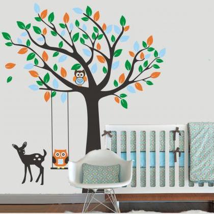 Vinyl Wall Decal Cute Swing Owl On Colorful Tree..