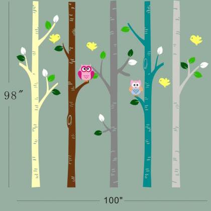 Vinyl Wall Decal Colorful Owl Cute Birds On Tree..