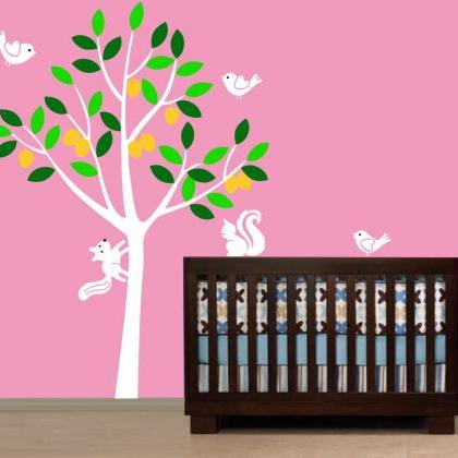Vinyl Wall Decal Cute Squirrel Bird Tree With..