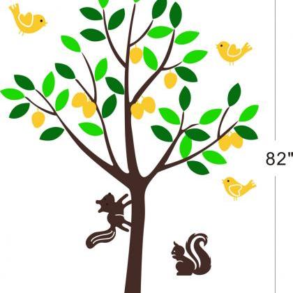 Vinyl Wall Decal Cute Squirrel Bird Tree With..