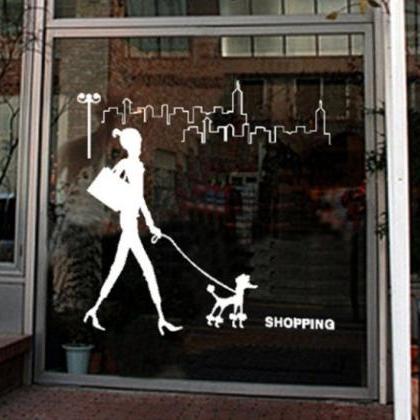 Vinyl Wall Decal Happy Shopping Girl Walking A Dog..