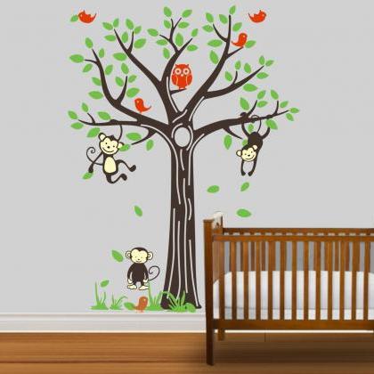 Vinyl Wall Decal Cute Playing Monkeys Tree With..