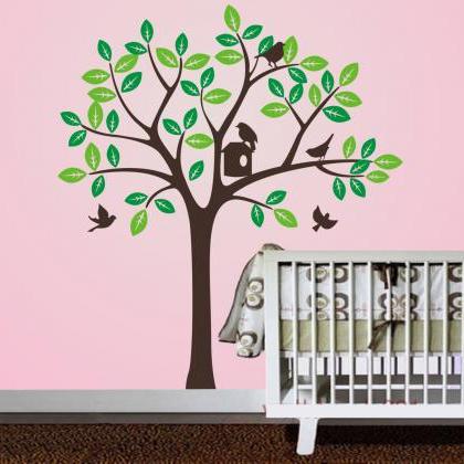 Vinyl Wall Decal Two Set Leaves Tree With Bird..