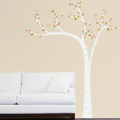 Vinyl Wall Decal Peaceful Leaning Birch Tree..