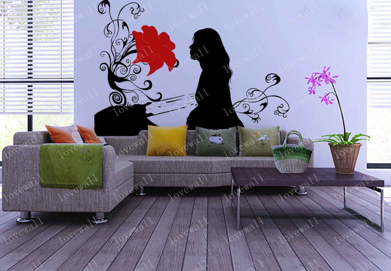 Girl Kiss Kissing Flower Flowers Vinyl Wall Sticker Decal Living Room Bed Room Art Home Murals Removable Decals 0153