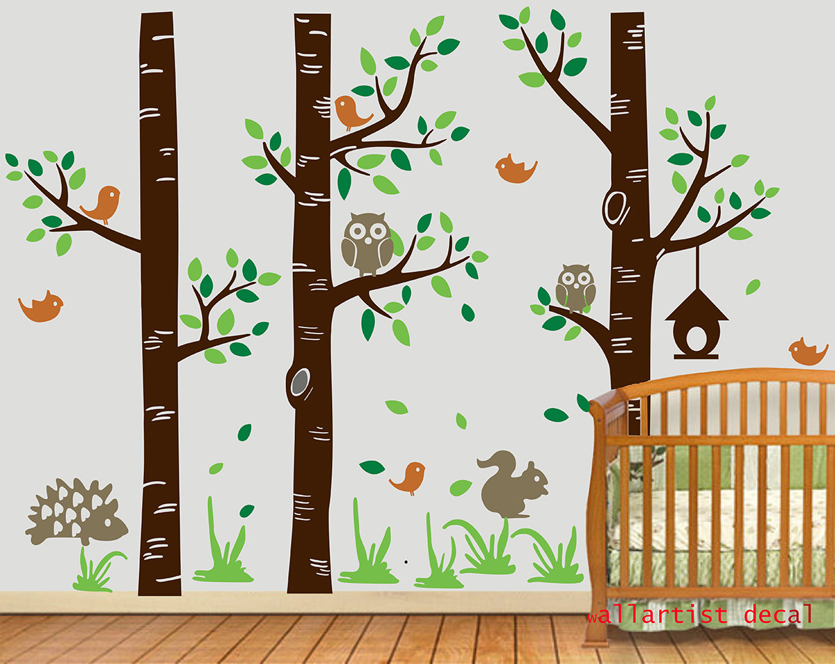 Vinyl Wall Decal Three Birch Trees Nursery Tree Decals Cute Owl Bird Squirrel Leaf Grass Tree Home House Wall Sticker Stickers Babies B559