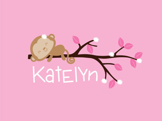Girl Name Monkey Decal - Vinyl Wall Decal - Teen Girls Name Decal - Personalized Kids Decal - Children Monogram Decor - Name Decals E16
