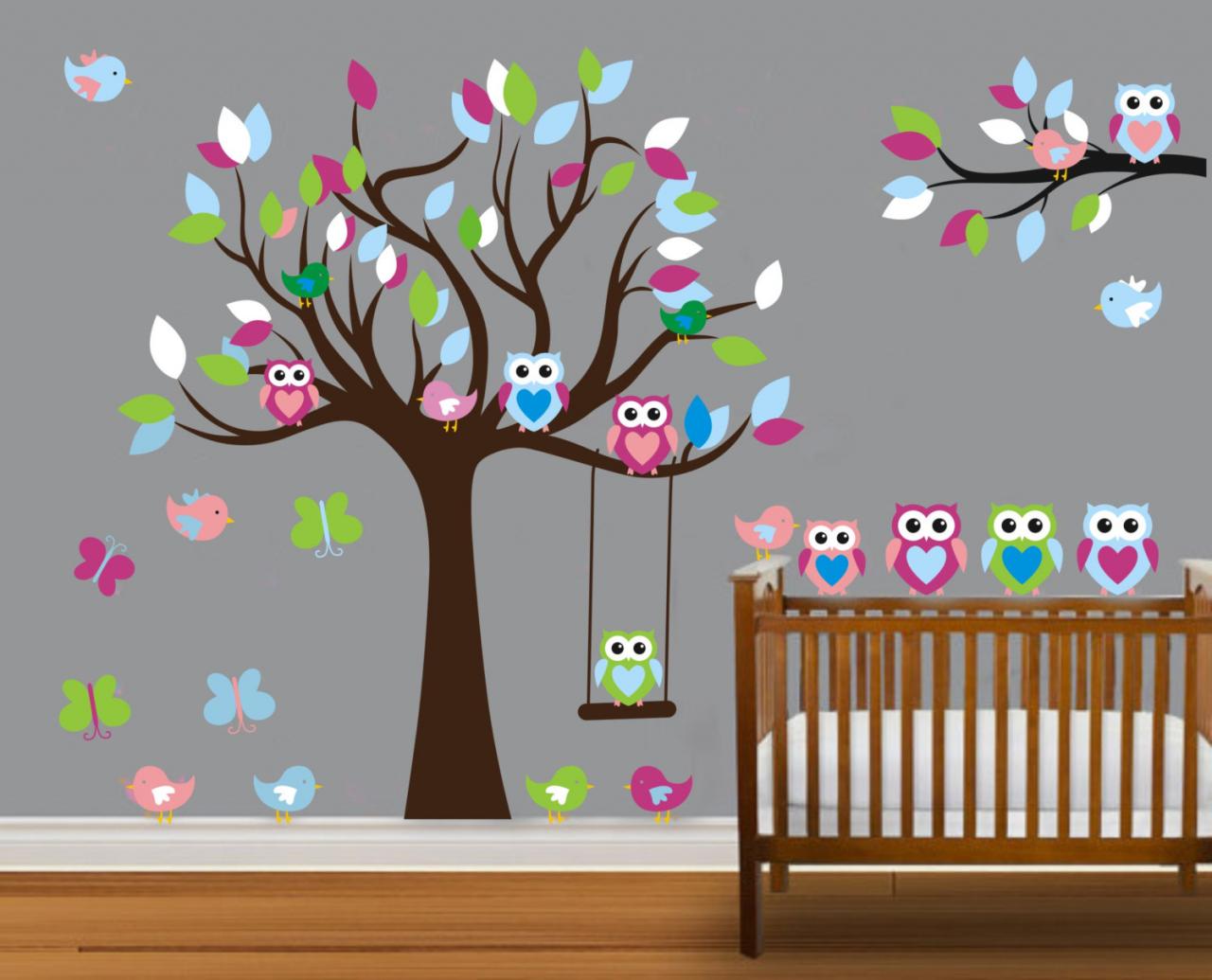 Vinyl Wall Decal Colorful Nursery Cute Owl Family Tree Trees Owls Home House Art Wall Decals Wall Sticker Stickers Baby Room Kid 815