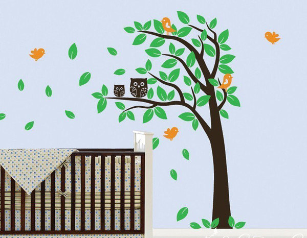Vinyl Wall Decal Blossom Tree Owl Cute Birds Blowing Trees Leaf
