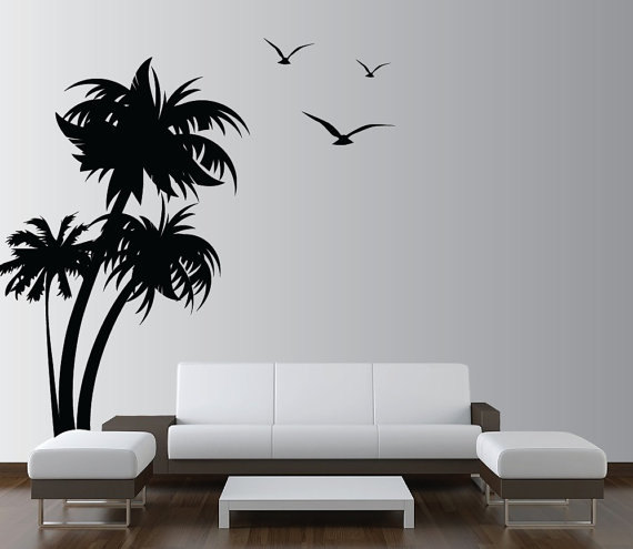 Vinyl Wall Decal Palm Coconut Tree With Seagull Birds Trees Leaf Bird Home House Art Wall Decals Wall Sticker Stickers Baby Room Kid 836