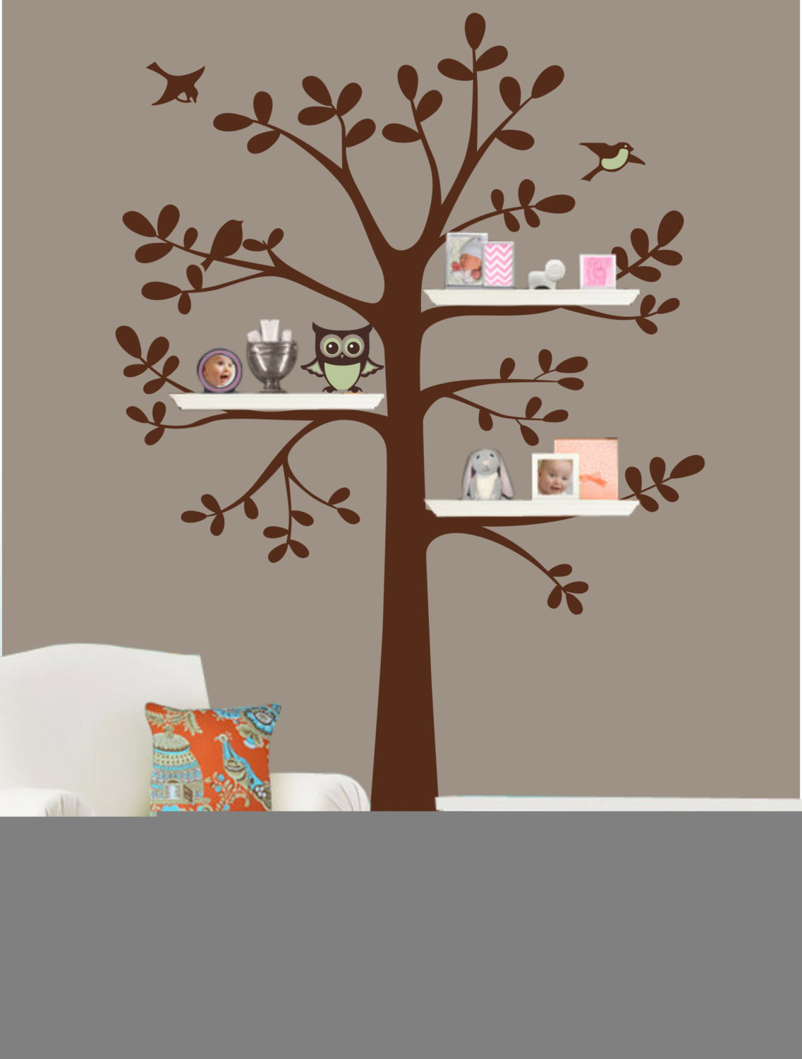 Shelf Tree Decal - Tree Decal With Owl - Owl Nursery Theme - Shelf Organizer Decal - Tree Bookshelf - Wall Decal Tree Silhouette R848