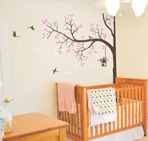 Nursery Vinyl Wall Decal Kids Corner Blossom Tree Decals Birds Birdhouse Home House Wall Sticker Stickers Baby Kids Crib Bed Room