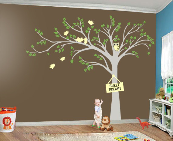 Vinyl Wall Decal Nursery Sweet Owl Bird Tree With Leaves Birds Leaf Nest Home House Art Wall Decals Wall Sticker Stickers Baby Room Kid R821