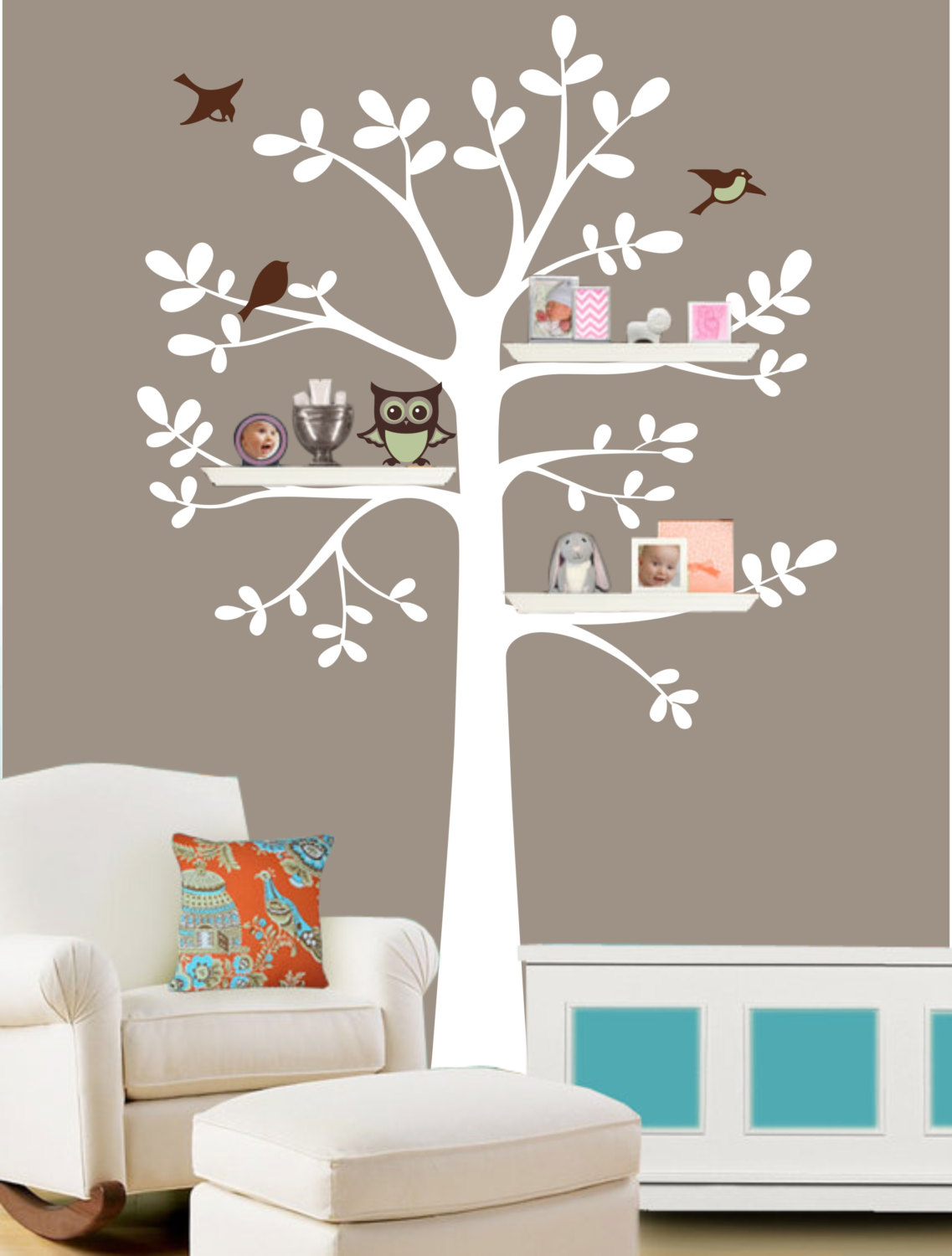 Family Tree Wall Decal - Shelf Tree Decal - Tree Decal With Owl - Owl Nursery Theme - Shelf Organizer Decal - Tree Bookshelf - Owls R848