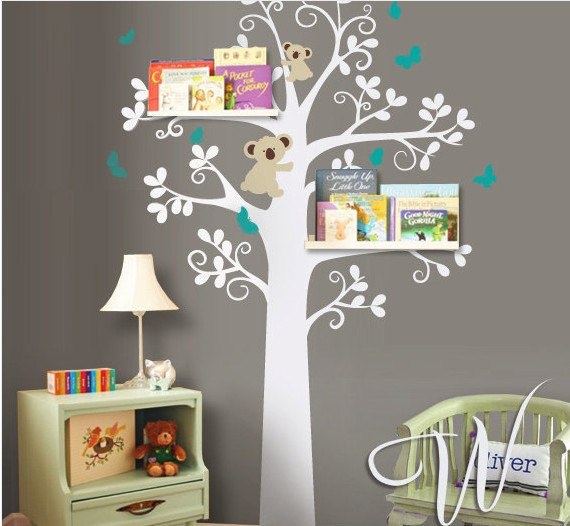 Wall Decals - Shelving Tree With Birds- Baby Nursery Decals - Bears - Bear Sticker -wall Decal Nursery - Wall Decals - Kids Stickers R839