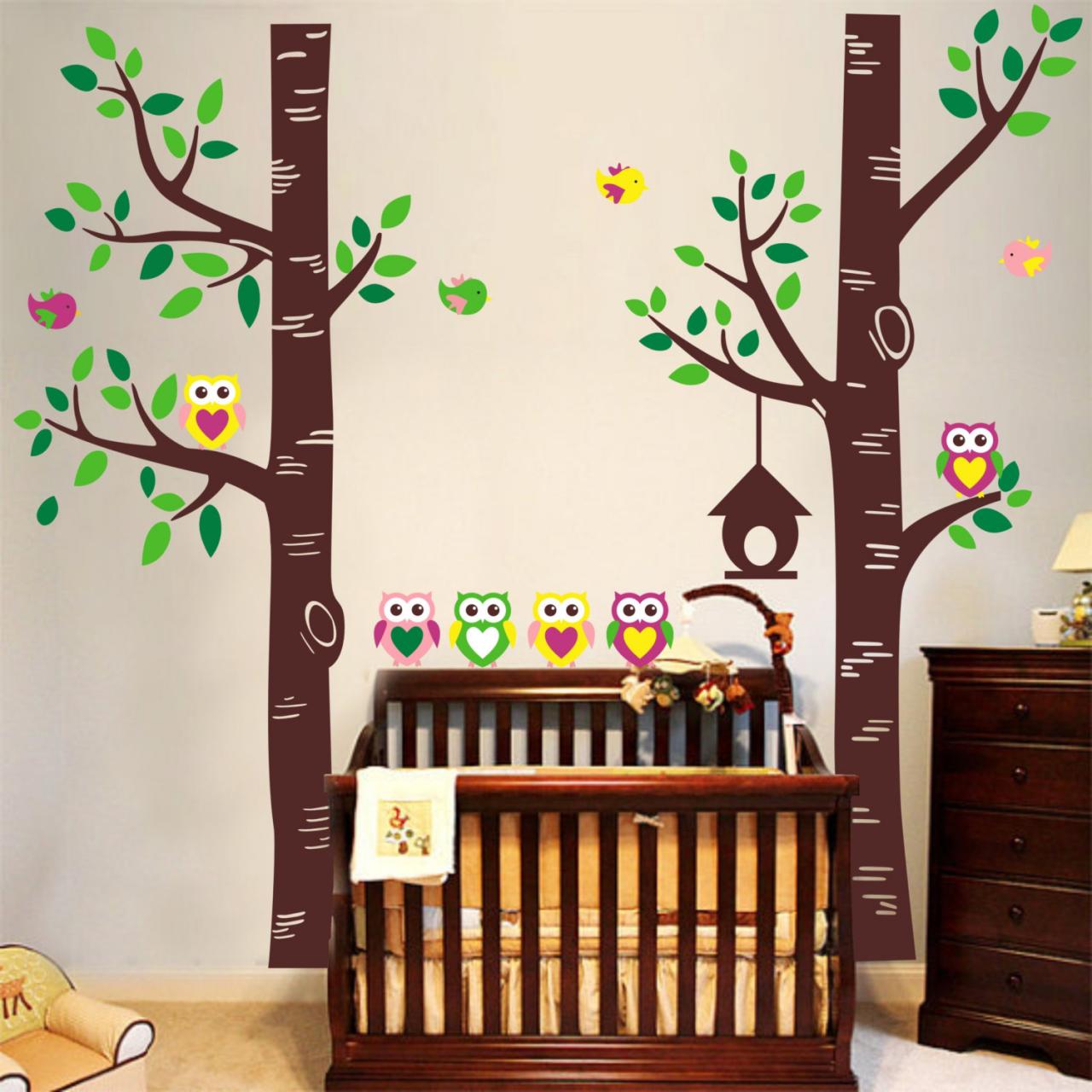 Vinyl Wall Decal Two Birch Tree Forest With Owl Family Leaf Bird