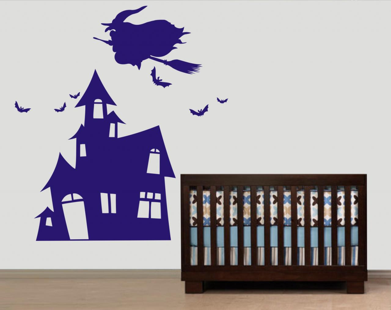 Vinyl Wall Decal Witch With Broom Flying On Castle Kid Bird Birds Home House Art Wall Decals Wall Sticker Stickers Baby Room Kid R598