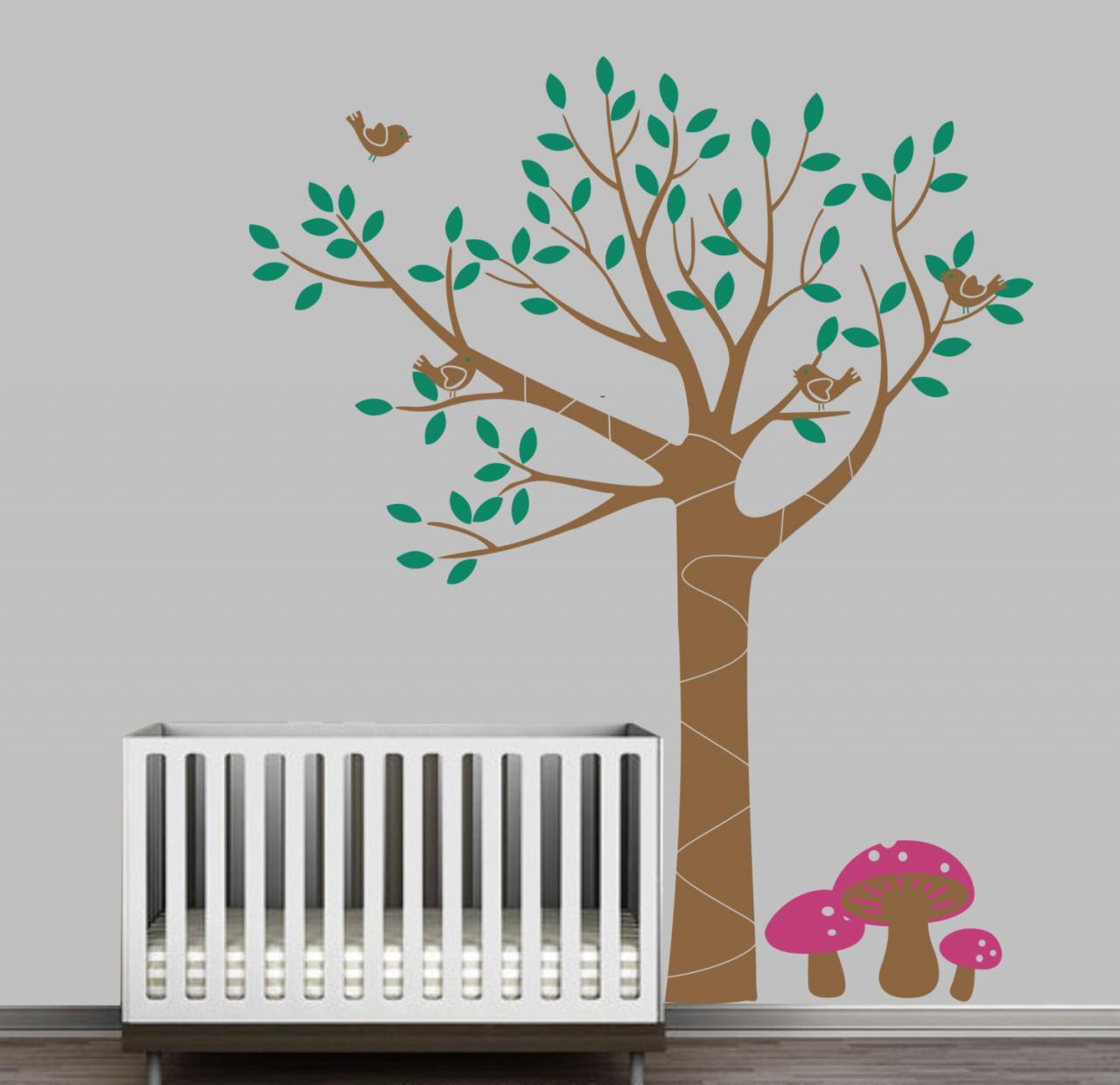 Vinyl Wall Decal Beautiful Tree With Birds Bird Leaf Leaves Mushroom Home House Art Wall Decals Wall Sticker Stickers Baby Room Kid R592