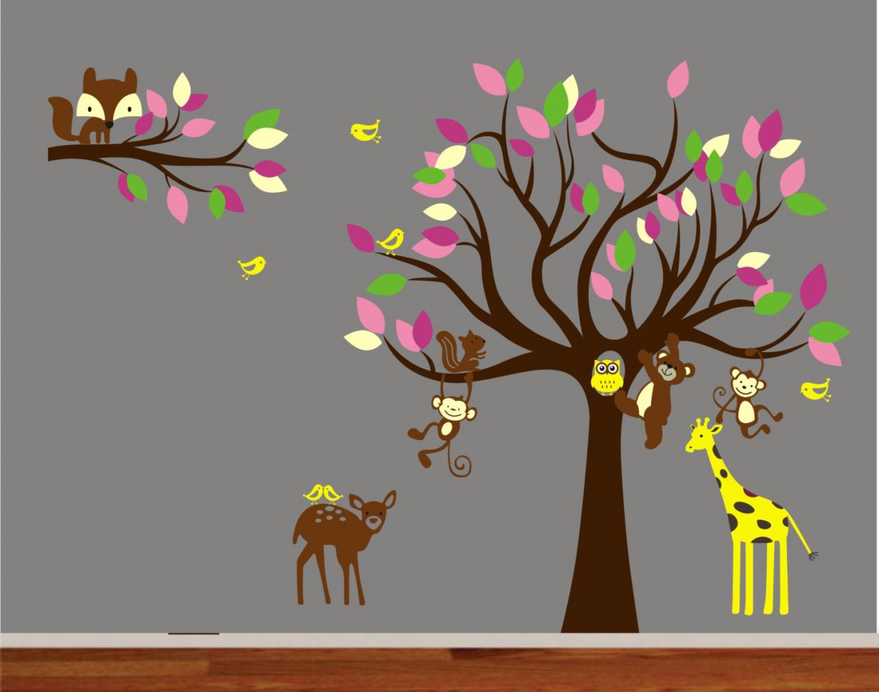 Vinyl Wall Decal Colorful Tree With Branch Forest Friends Fawn Leaf Bird Home House Wall Decals Wall Sticker Stickers Baby Room Kid R845