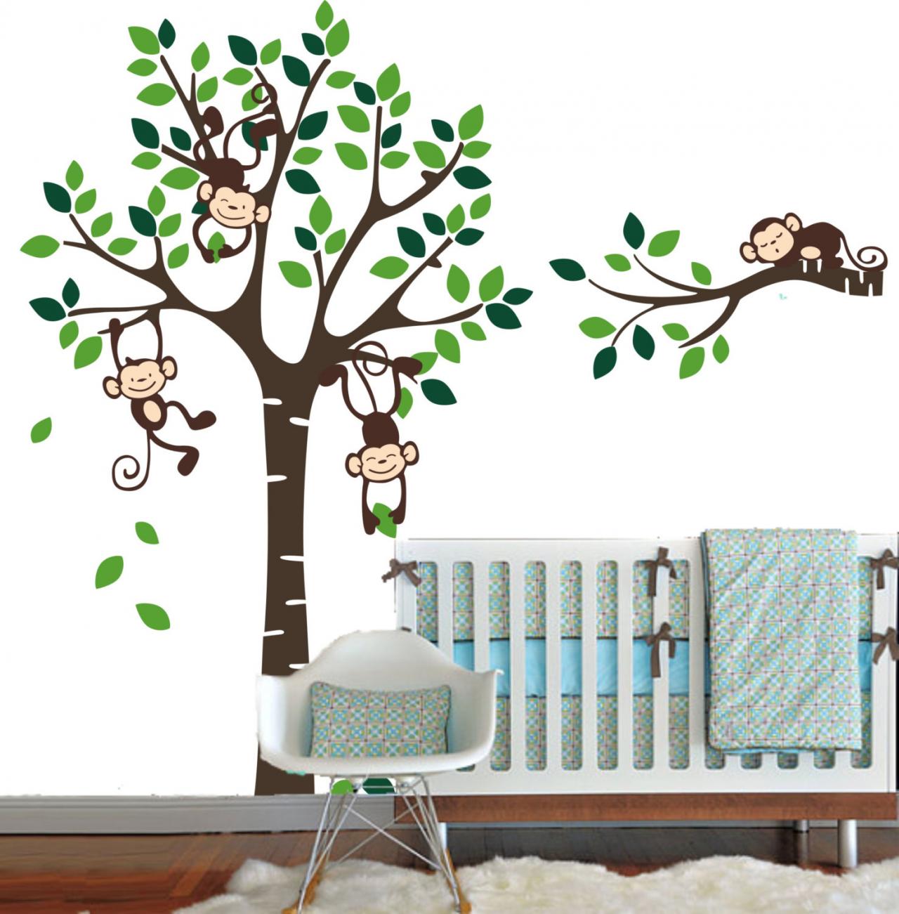Vinyl Wall Decal Simple Trees With Tree Branch Cute Four Monkey Decals Cubs Home House Wall Decor Wall Sticker Stickers Kids Baby Room R876