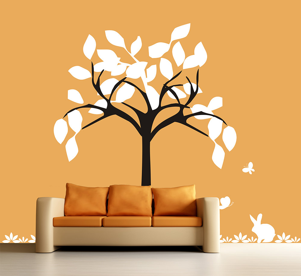 Vinyl Nursery Cute Buuny Leaf Tree Falling Leaves Butterfly Grass Wall Decal Home House Wall Decor Wall Sticker Stickers Kids Baby Room R543