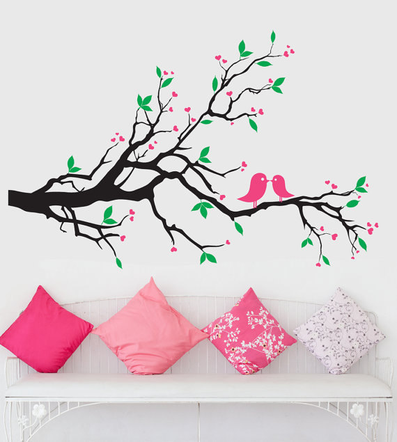 Pink Birds Green Leaves Tree Branch Bird Trees Leaf Art Decals Wall Sticker Vinyl Wall Decal Stickers Living Room Bed Baby Room R641