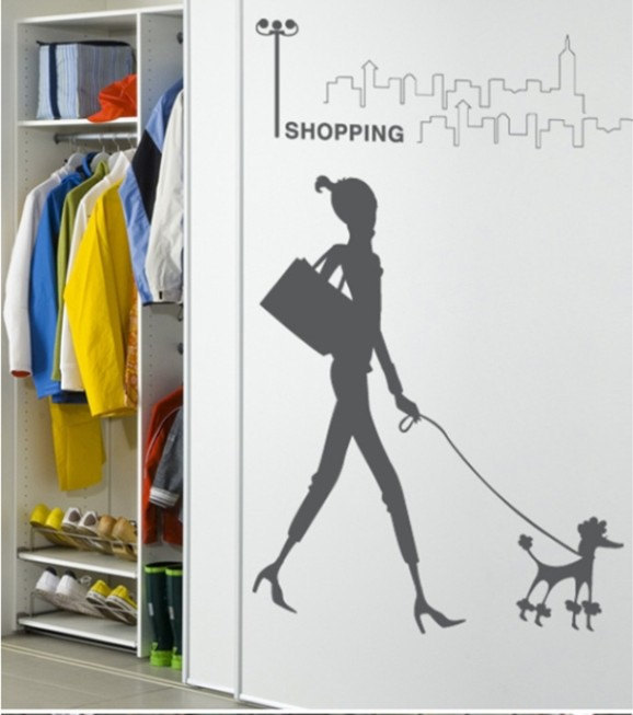Vinyl Wall Decal Happy Shopping Girl Walking A Dog Home Art Decals Wall Sticker Stickers Living Room Bed Baby Murals Girl Kids Kid R158
