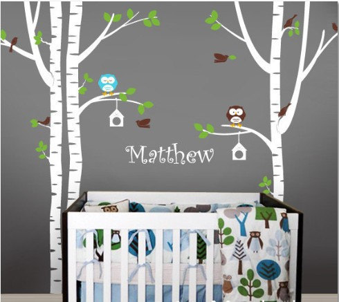 Birch Tree Decals, Birch Trees Vinyl Wall Decal ,owl Family Decals,owls Decal Custom Name , Nursery Kid Wall Decals ,baby Decal Kids Rk61