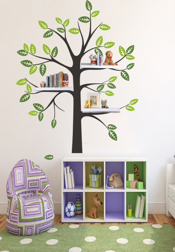 Shelf Tree Decal - Tree Decal With Birds - Bird Nursery Theme - Shelf Organizer Decal - Tree Bookshelf - Wall Decal Tree Silhouette R864