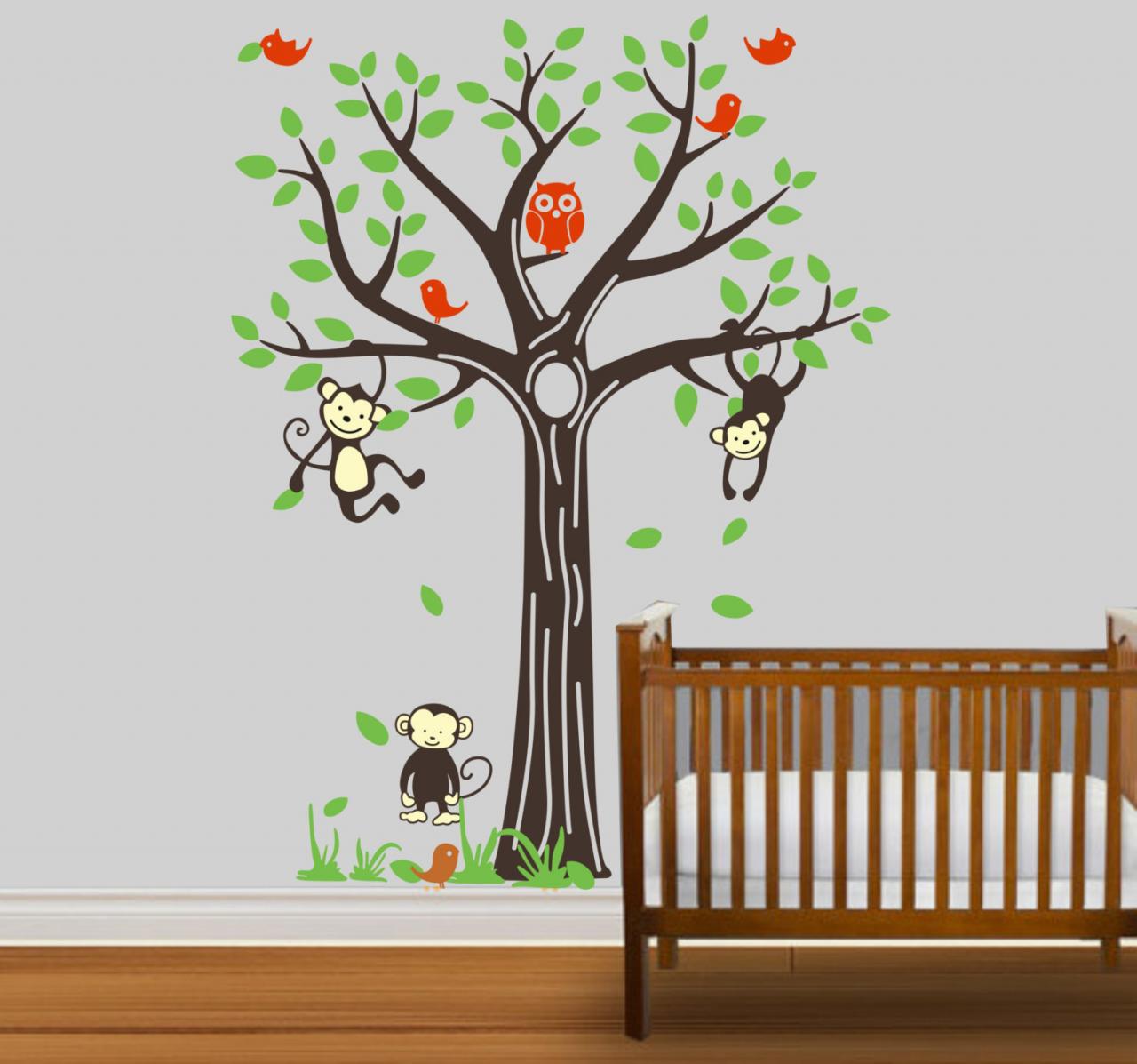 Vinyl Wall Decal Cute Playing Monkeys Tree With Birds Owl Owls Art Home Decals Wall Sticker Stickers Living Room Bed Baby Removable R826