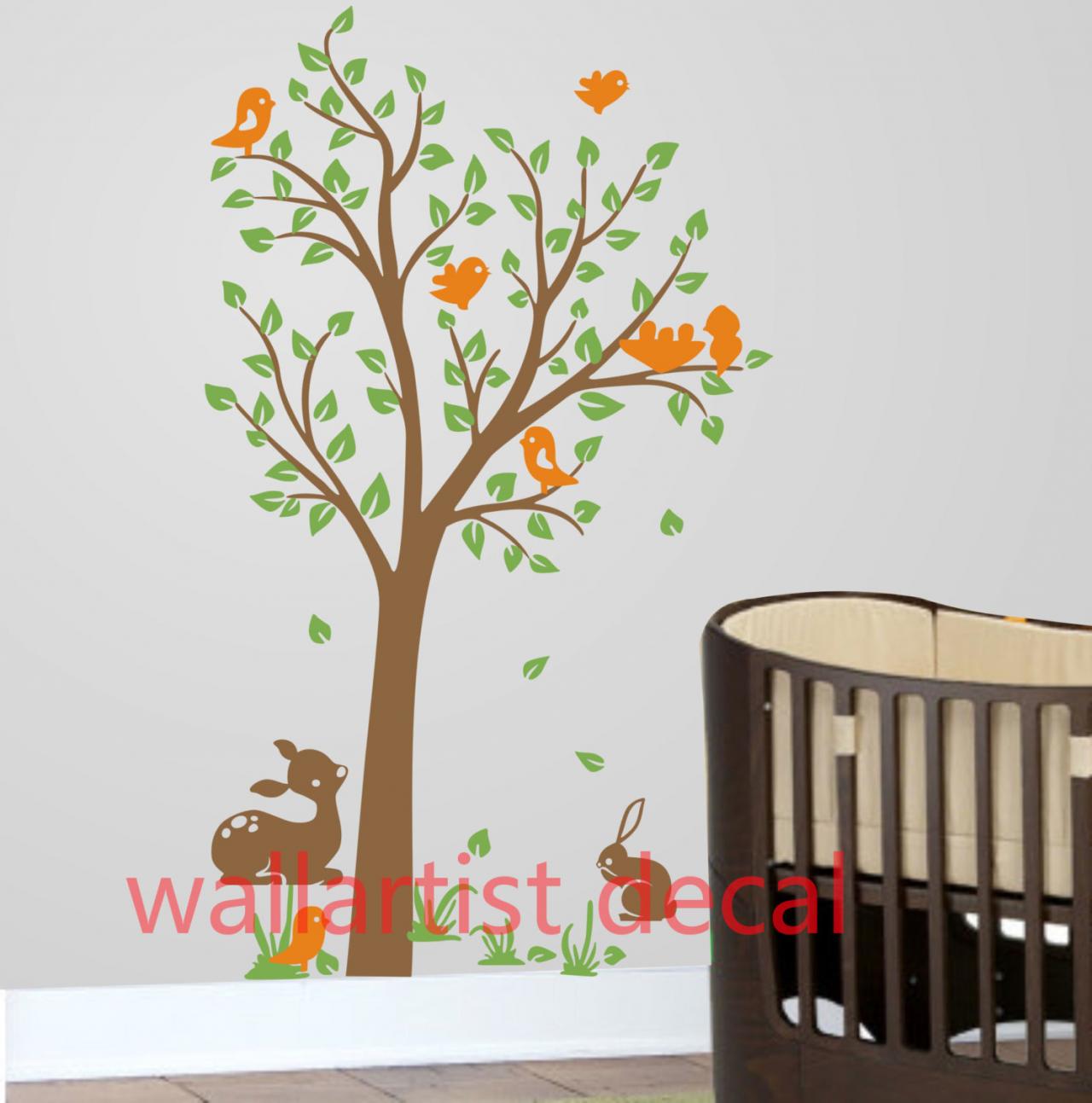 Vinyl Wall Decal Cute Bunny Fawn Under Tree Bird Nest Birds Deer Home Art Decals Wall Sticker Stickers Kids Room Bed Baby Removable Kid R606