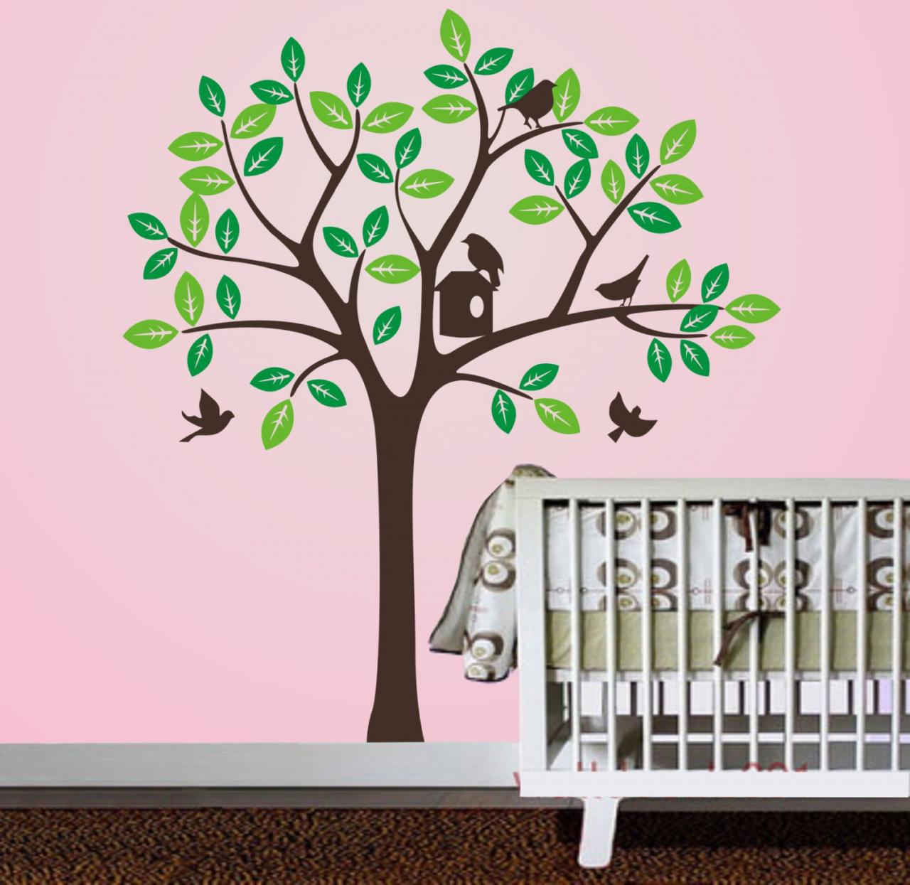 Vinyl Wall Decal Two Set Leaves Tree With Bird Birdhouse Birds Leaf Art Home Decals Wall Sticker Stickers Kids Room Bed Baby Removable R613