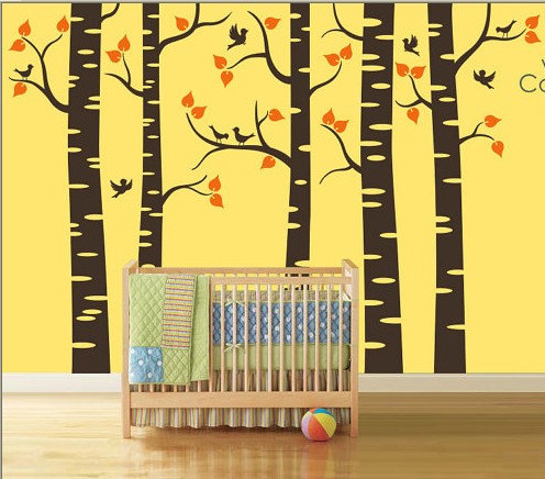 Wall Decal Large Birch Tree Bird Birds Trees Leaf Baby Nursery Vinyl Home Art Decals Wall Sticker Stickers Kids Room Bed Baby Kid R638