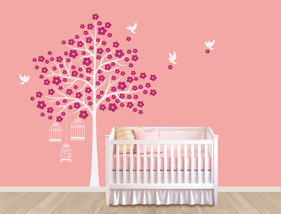 Tree With Birds Bird Birdcages Wall Decal Vinyl Leaves Leaf Home Art Decals Wall Sticker Stickers Kids Room Bed Baby Room Kid R645