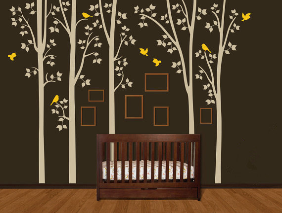Wall Decal Large Size Five Birch Tree Trees With Birds Leaf Bird Vinyl Home Art Decals Wall Sticker Stickers Living Room Bed Baby R643