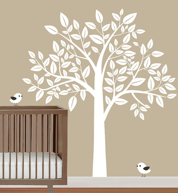 Nursery Big White Tree With Birds Trees Leaf Bird Home Wall Decal ...