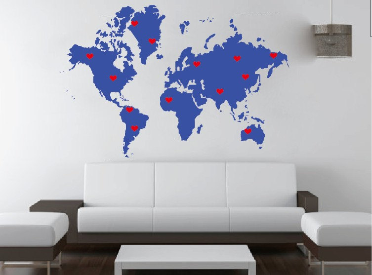 World Map Vinyl Wall Decal With Marking Pins Location Dots Home