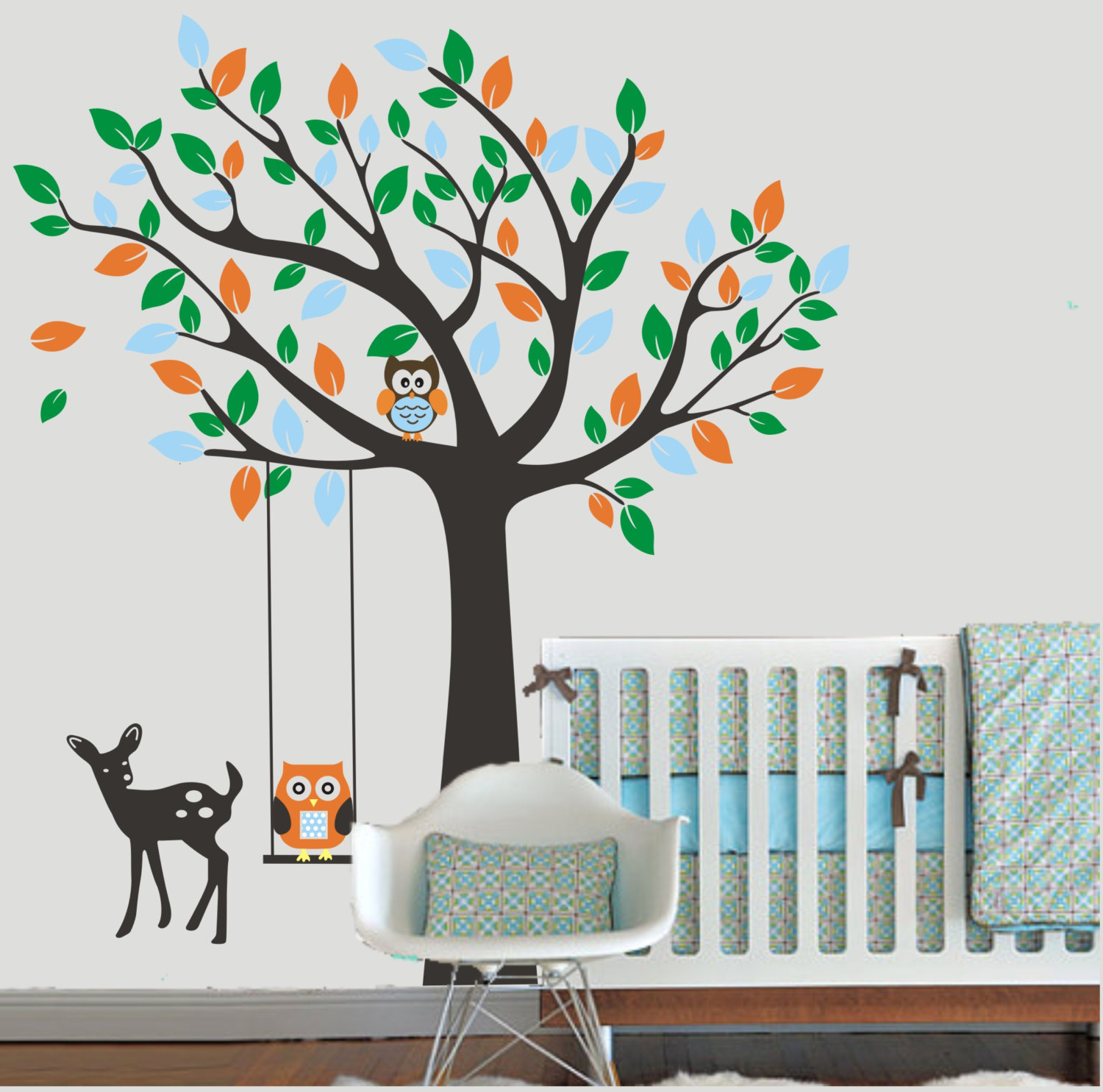 Vinyl Wall Decal Cute Swing Owl On Colorful Tree Fawn Bird Owls Birds